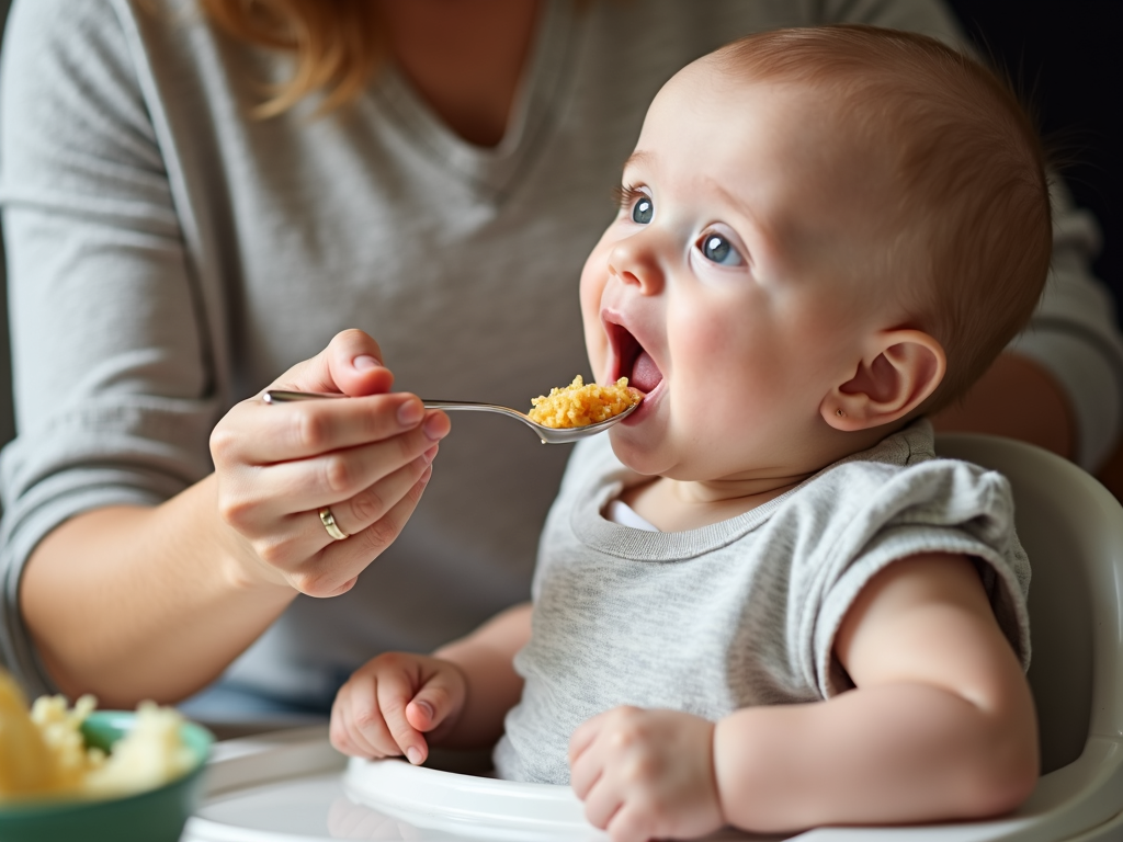 A loving parent carefully feeding their infant, ensuring they receive proper nutrition while being mindful of potential food allergies.