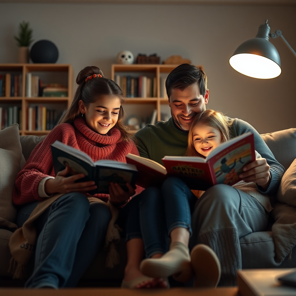 Family enjoying reading time together on the couch