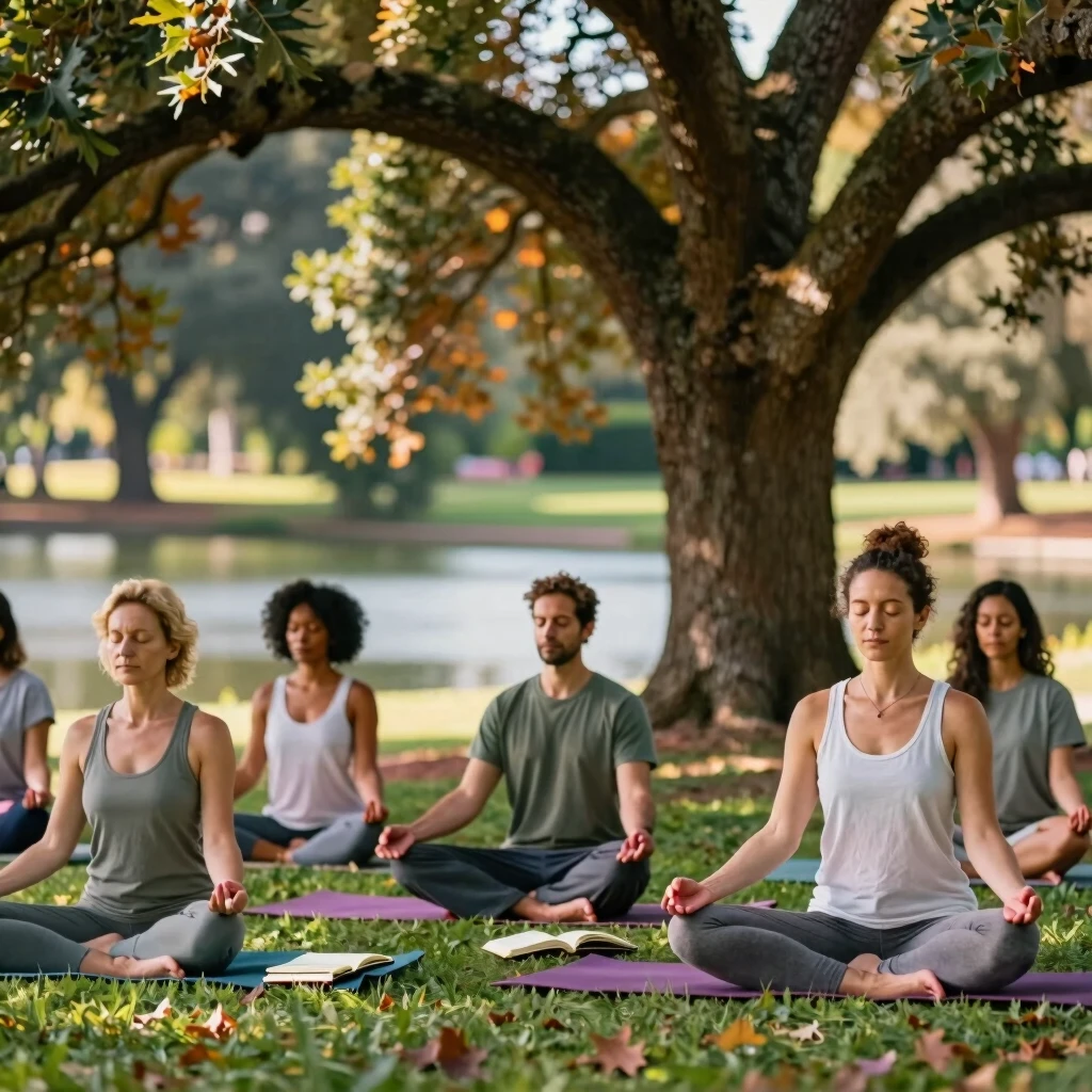 Group practicing mindfulness in a peaceful park, embodying ACT principles