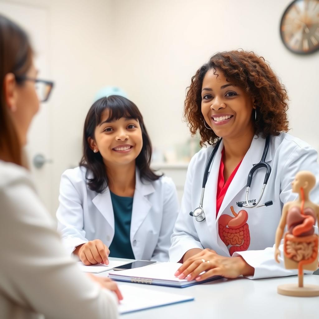 Pediatrician explaining FPIES to a parent in a bright, calming office