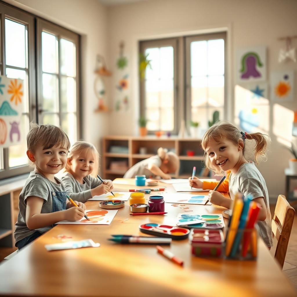Children painting happily in a bright, cozy art therapy room at a family wellness center, surrounded by colorful art supplies and artwork.