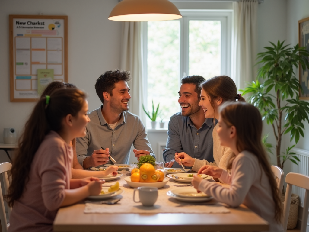 A family enjoying time together with a visible chore chart.