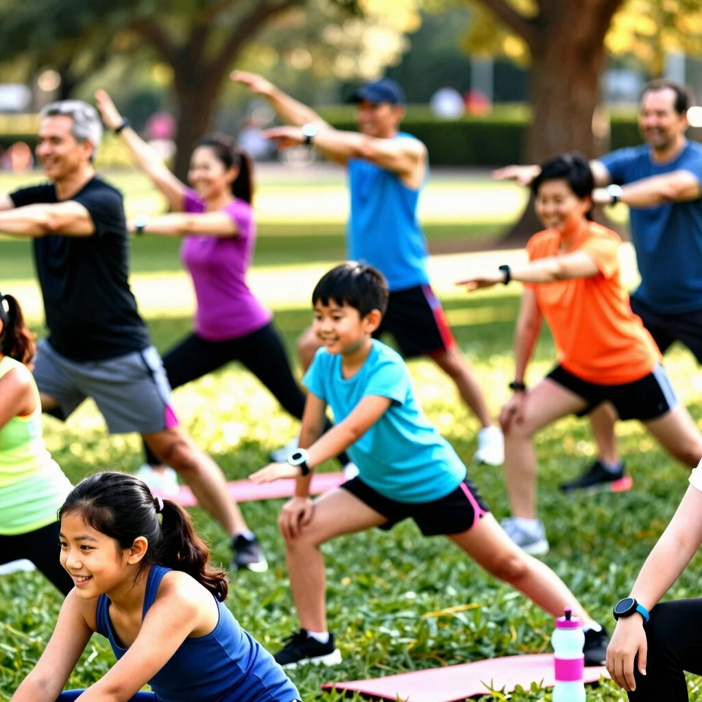 Group starting a family fitness challenge in the park