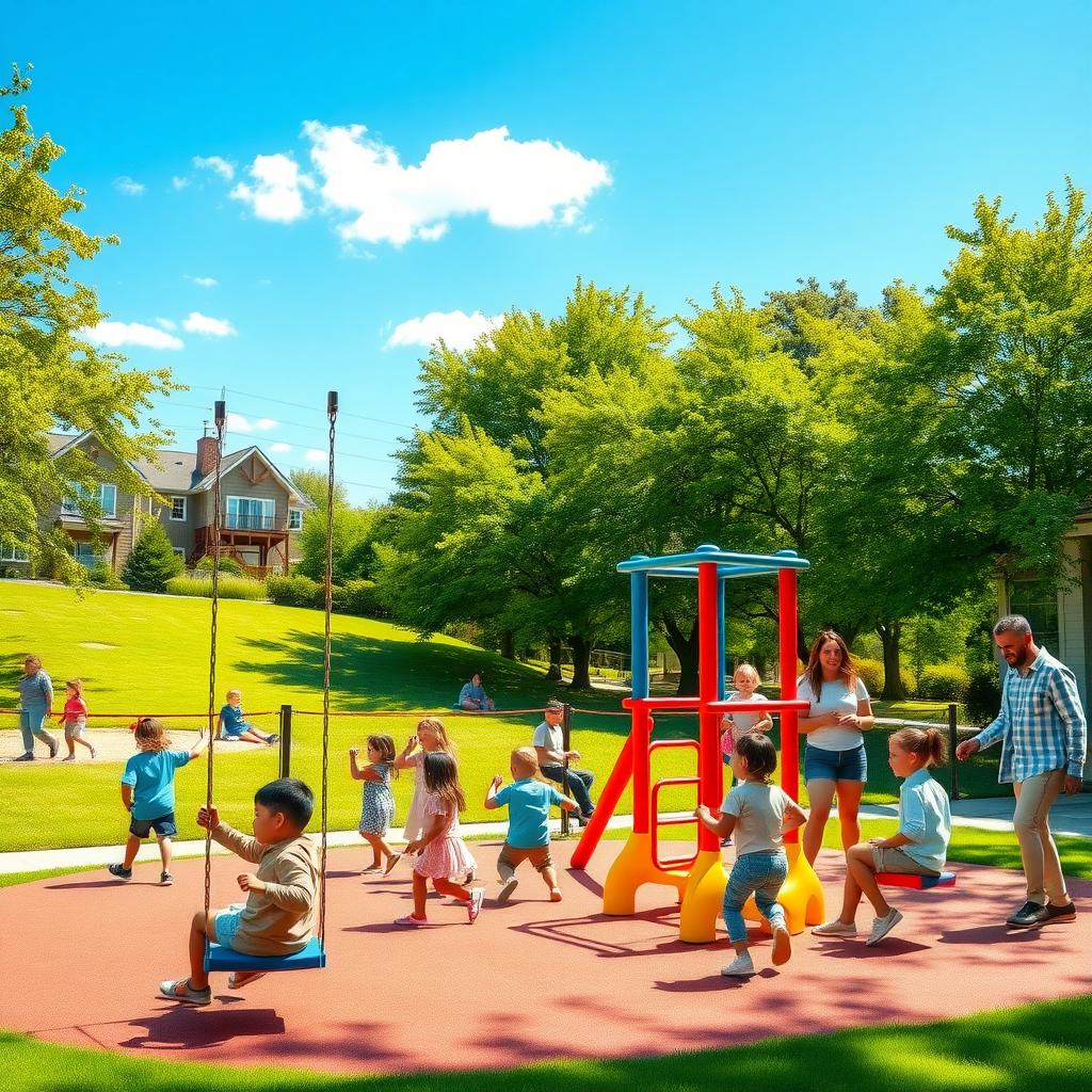 Children playing joyfully in a colorful outdoor play area at a family wellness center, with parents chatting nearby under a sunny sky.
