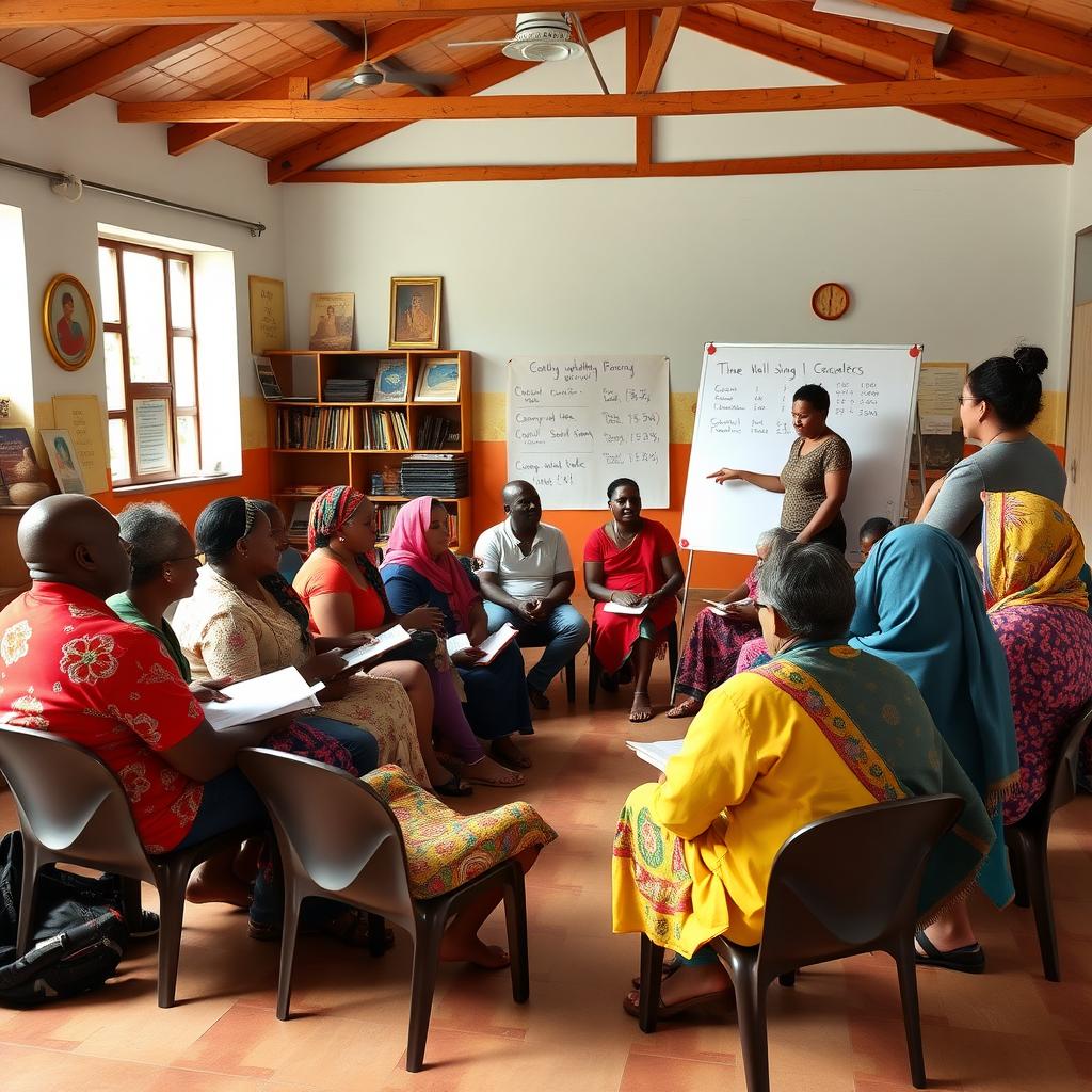 Community health workers participate in a training session in a community hall.