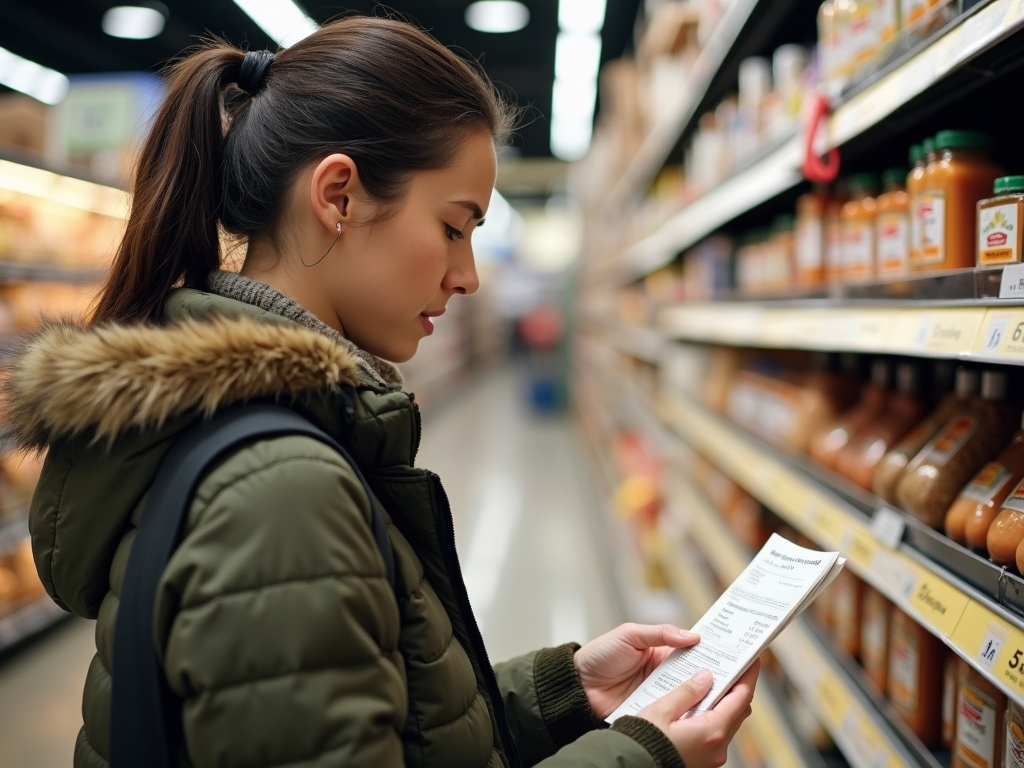 Person reading food label in grocery store