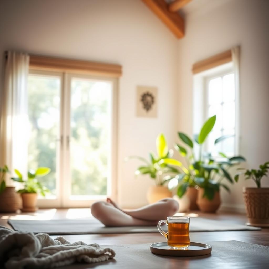 Person meditating in a sunlit room with green plants and a cup of herbal tea.