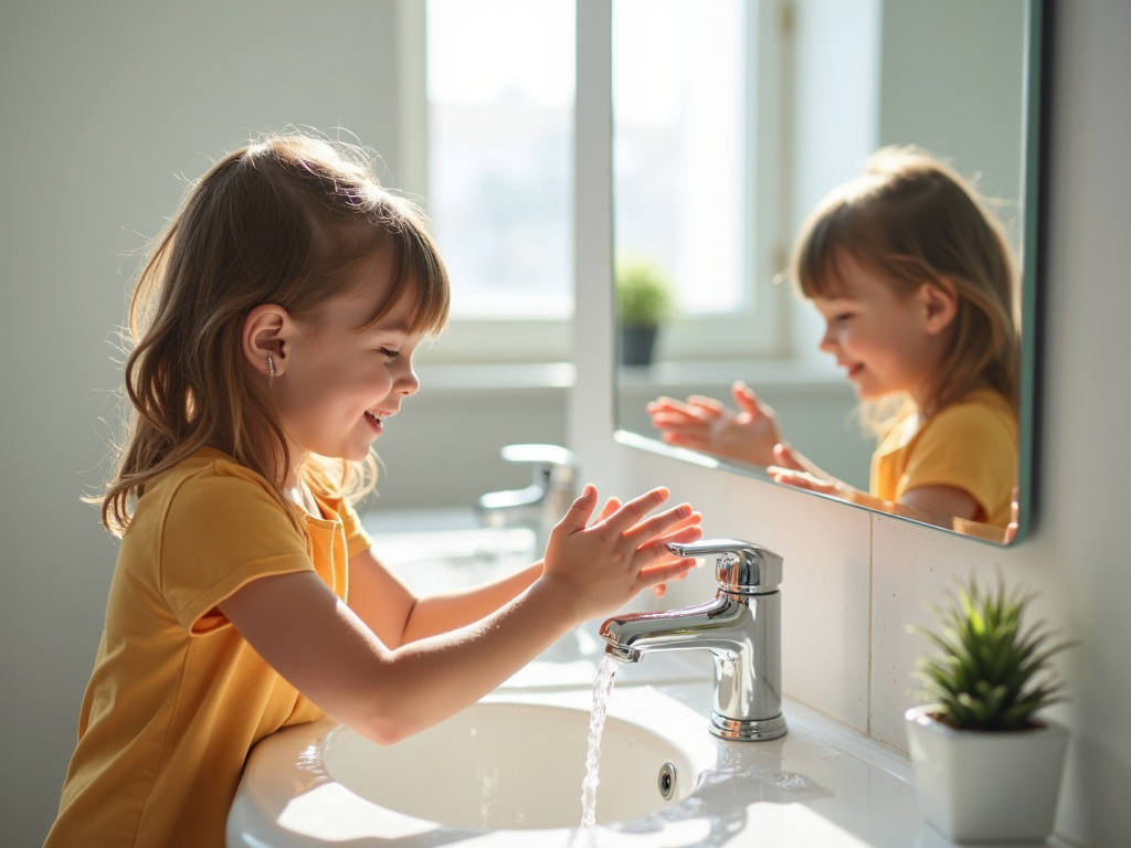 Children washing hands with soap, smiling and singing, bright bathroom setting