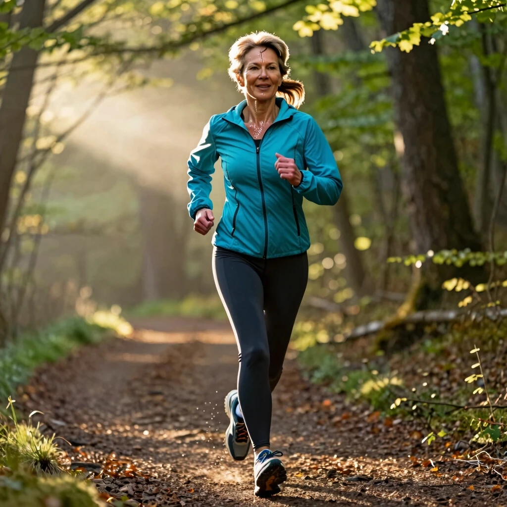 Woman jogging on forest trail at sunrise