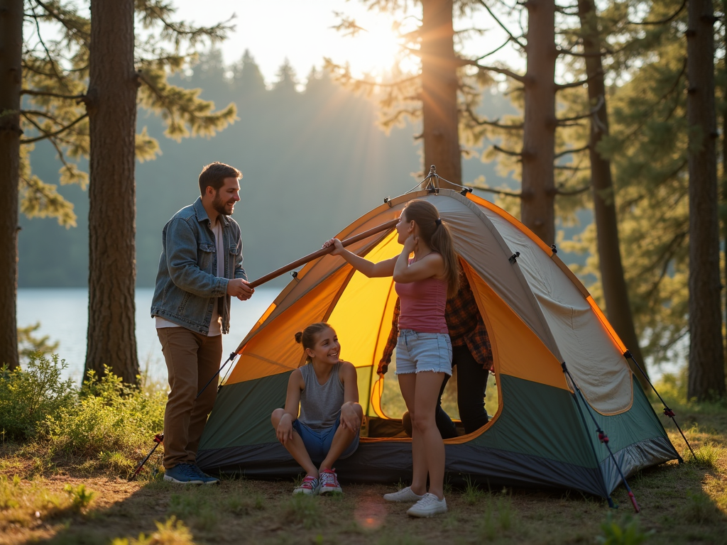 A family of four working together to set up their campsite.