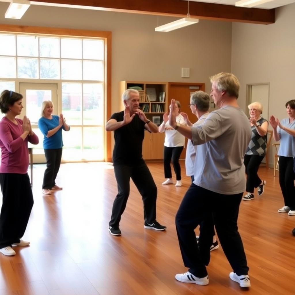 Beginner’s Tai Chi class in a community center, with an instructor guiding a diverse group in a warm, well-lit room.