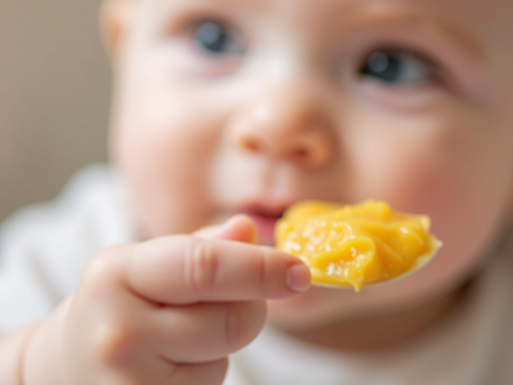 Baby's hand holding a spoon with pureed food.