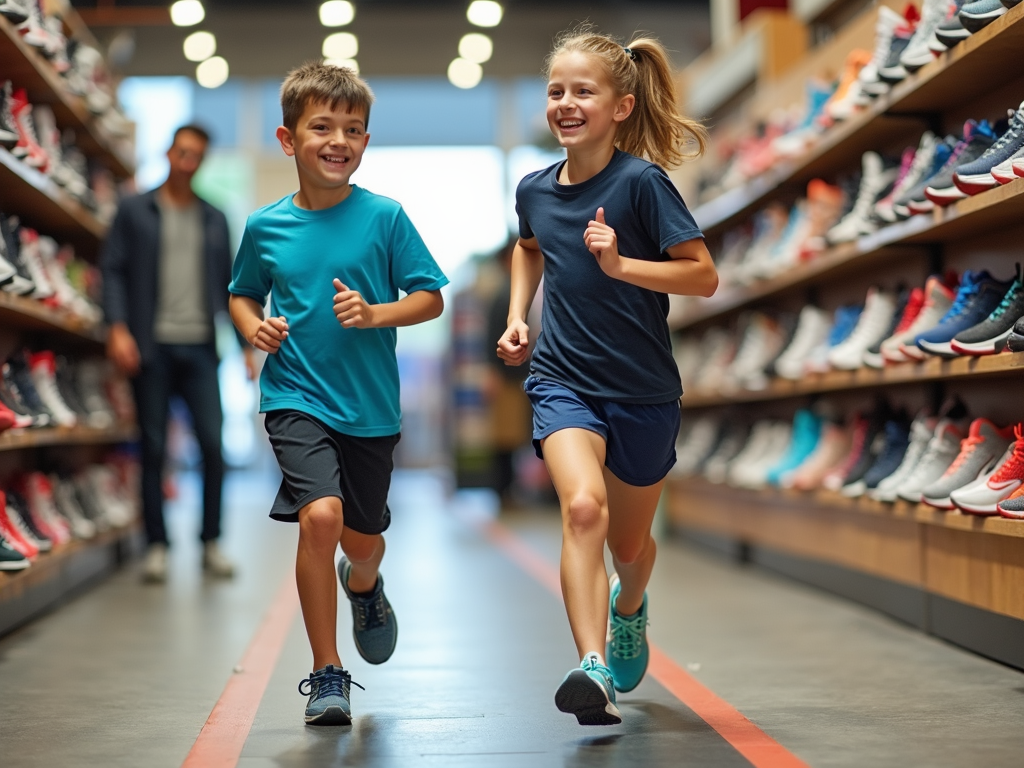 Teens testing running shoes on an indoor store track